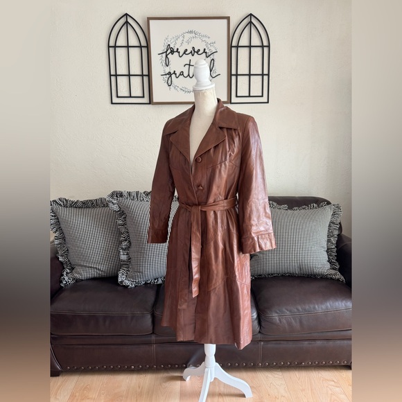 Vintage Rare 24K By Dan Di Modes Brown Leather Belted Trench Coat Fall - Picture 5 of 16